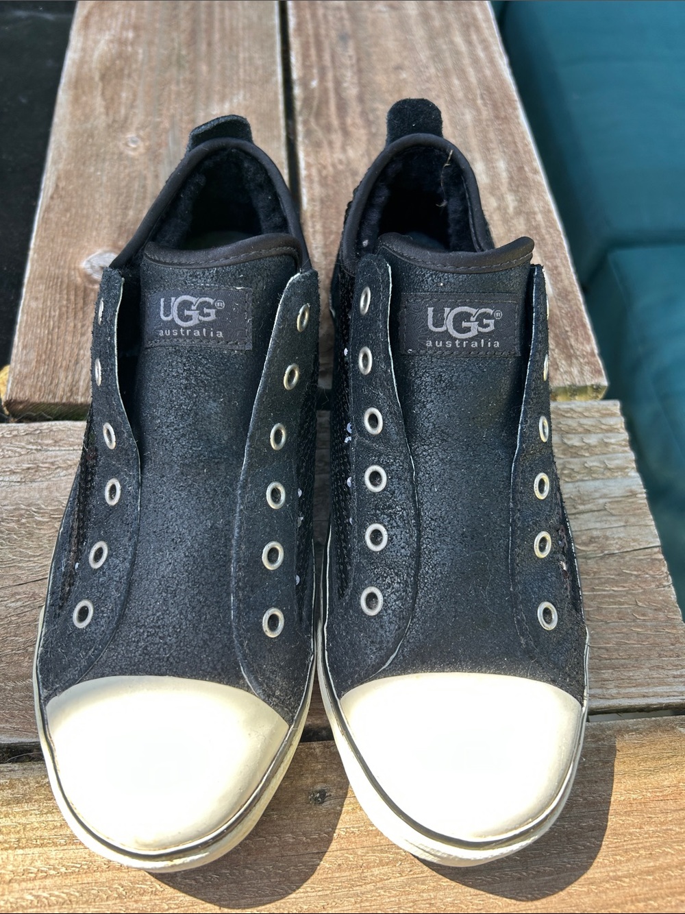 UGG Black Canvas Slip-On Sneakers with White Toe Cap